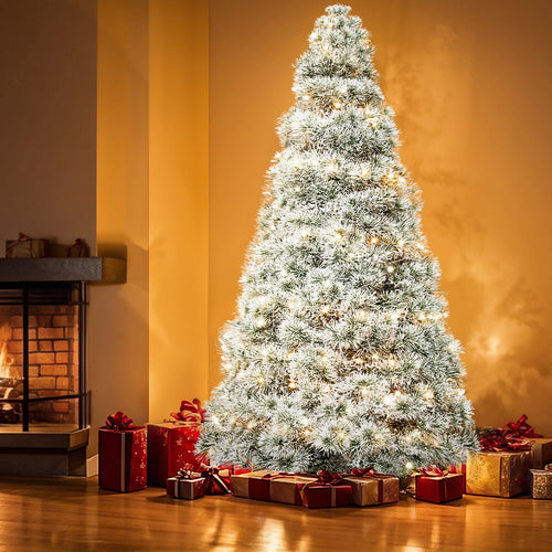 ACCVER 9ft Pre-lit Artificial Spruce Christmas Tree - 347 Dense PVC Branch Tips, 120 Warm Incandescent Lights with 8 Modes, White