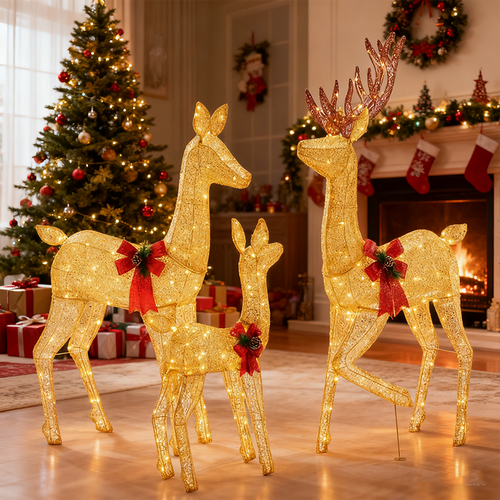 LIFERECORD 3-Piece 2D Lighted Christmas Deer Family Set - Large Outdoor Yard Reindeer Holiday Decoration with 360 LED Lights, Stakes, Zip Ties - Gold