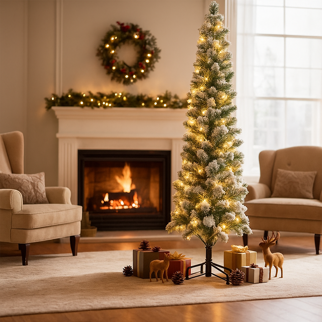 LIFERECORD 7.5ft Prelit Artificial Hinged Slim Pencil Christmas Tree with 350 Lights, 860 Full Branch Tips, 8 Warm Lingting Motes Perfect Decoration for Xmas Holiday, White