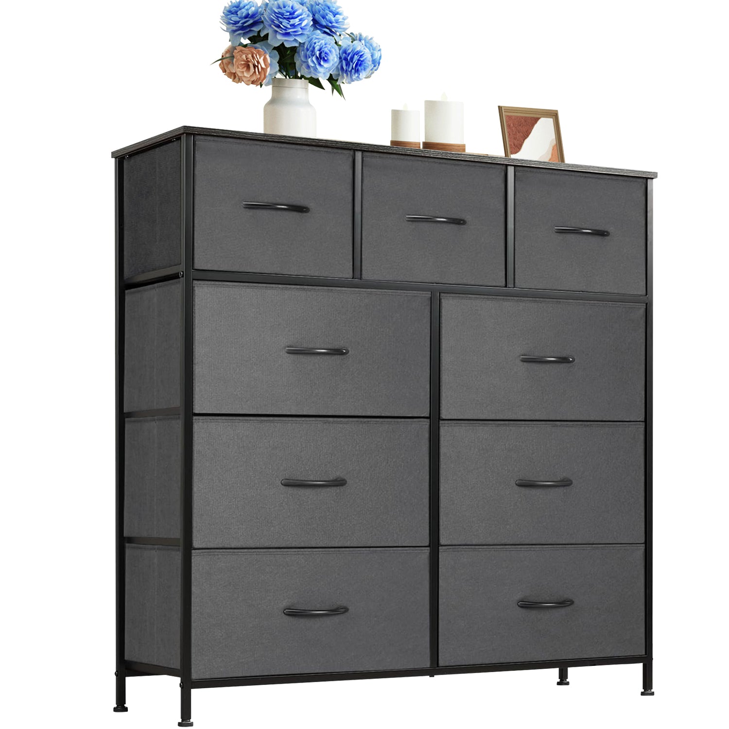 ACCVER 9-Drawer Fabric Dresser with Wood Top & Metal Frame, Closet and Chest for Bedroom, Clothes Storage Organizer, for Living Room, Apartment,Dark Grey