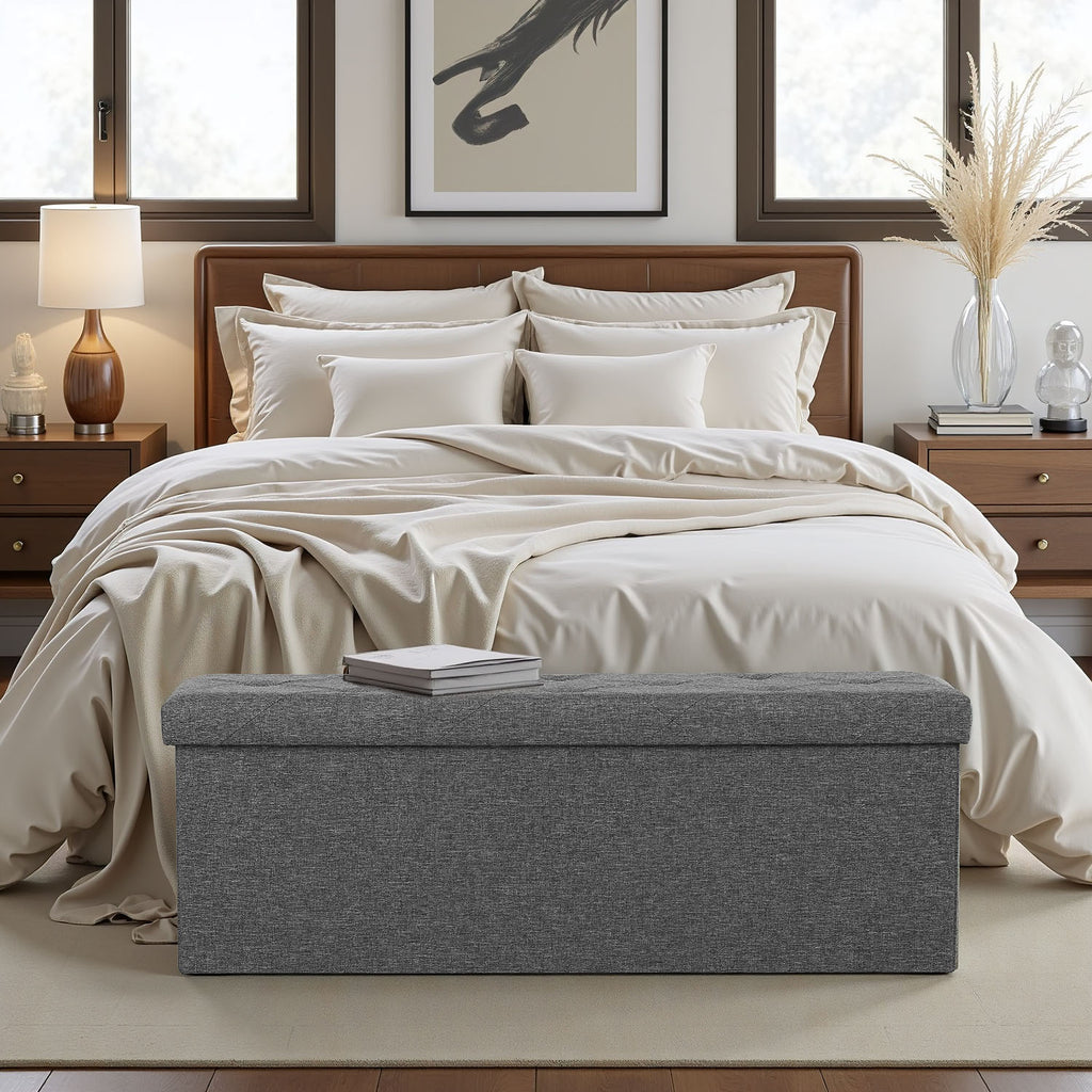 ACCVER 43" Storage Ottoman Bench - Foldable Ottoman Upholstered Entryway Bench, 660lbs Large End of Bed Bench with Storage Chest for Bedroom, Living Room, Grey