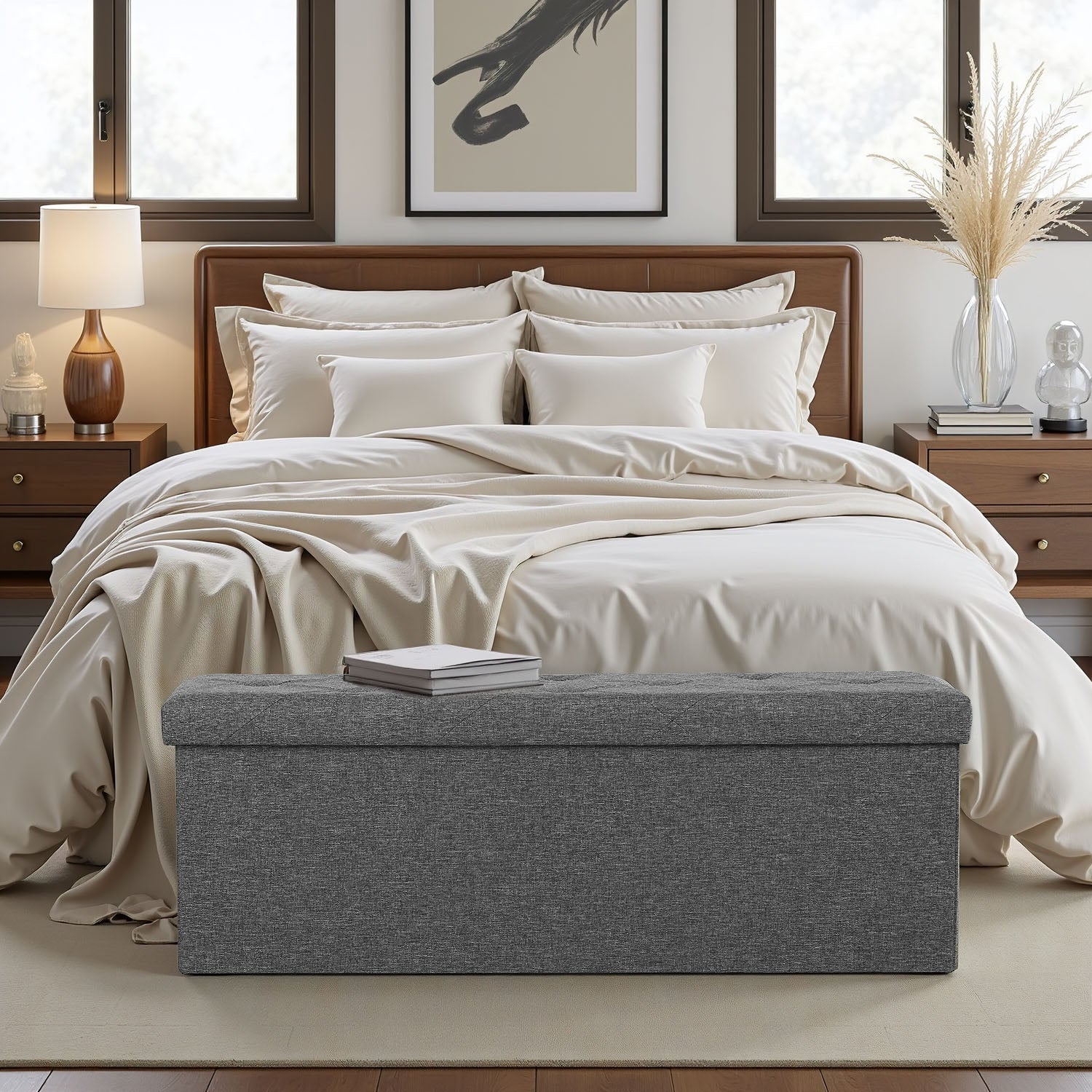 ACCVER 43" Storage Ottoman Bench - Foldable Ottoman Upholstered Entryway Bench, 660lbs Large End of Bed Bench with Storage Chest for Bedroom, Living Room, Grey