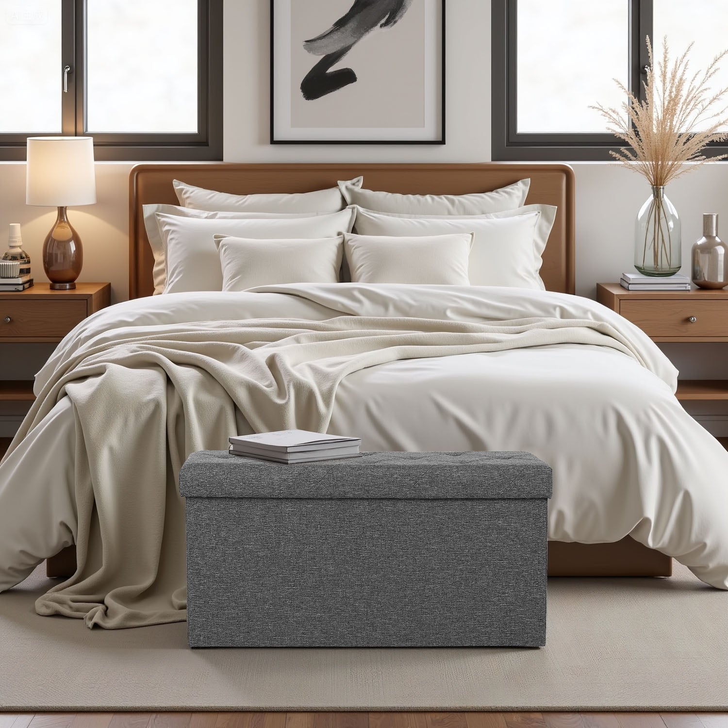 ACCVER 30" Storage Ottoman Bench - Foldable Ottoman Upholstered Entryway Bench, 400lbs Large End of Bed Bench with Storage Chest for Bedroom, Living Room, Grey
