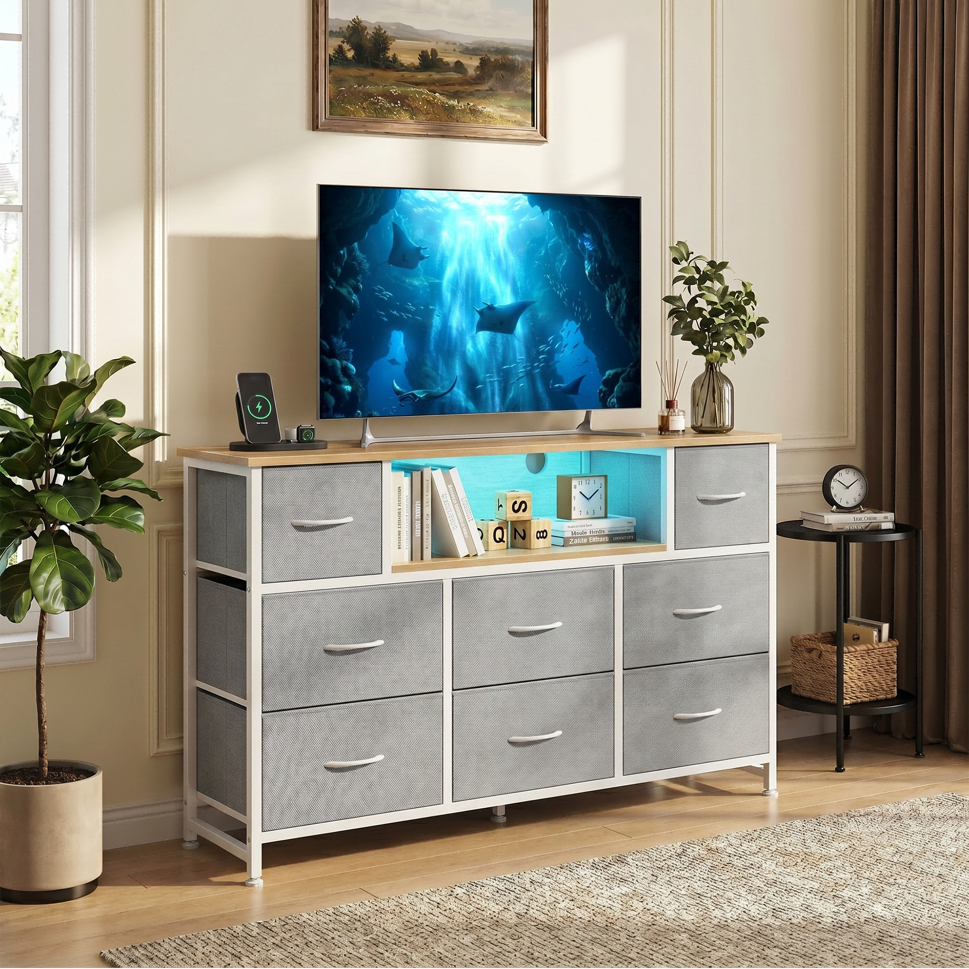 LIFERECORD Dresser TV Stand for 45-55 Inch, Chest of Drawers with LED Lights & USB Ports, Entertainment Center with Charging Station, Wood Top Media Console for Bedroom
