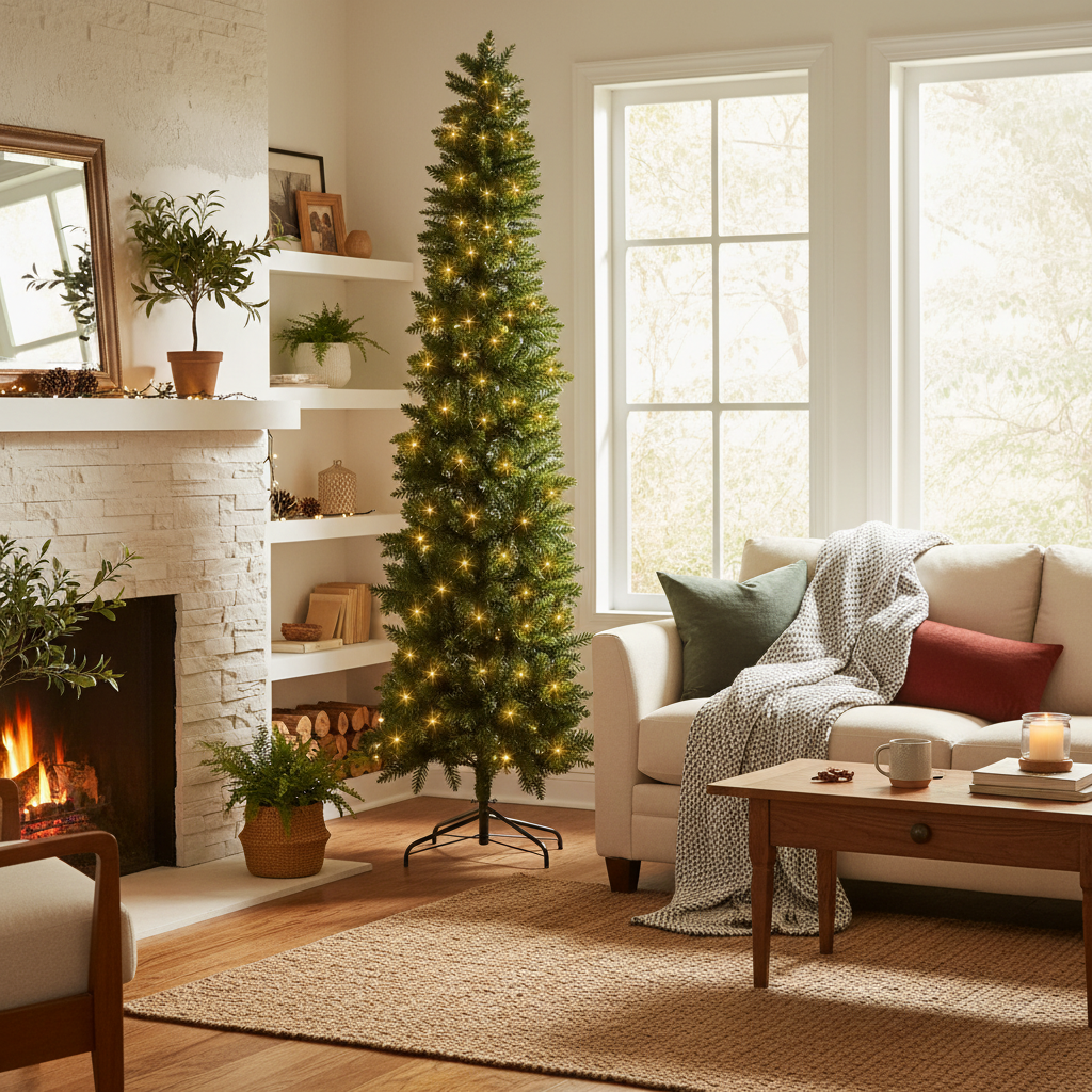 LIFERECORD 9ft Prelit Artificial Hinged Slim Pencil Christmas Tree with 500 Lights, 1100 Full Branch Tips, 8 Warm Lingting Motes Perfect Decoration for Xmas Holiday, Green