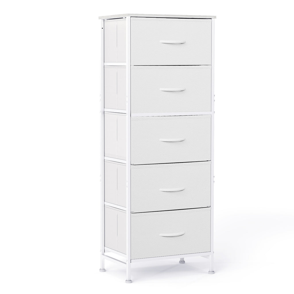ACCVER Dresser for Bedroom 5 Storage drawer, Fabric Closet Chests Organizer Tower with Wooden Top Metal Frame for Living Room Hallway Entryway, White