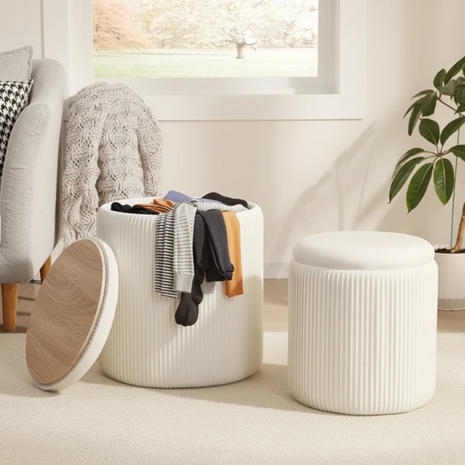 LIFERECORD Round Ottoman with Storage Set of 2, Vanity Stool with Storage for Bedroom, Ottoman Coffee Table,Small Velvet Foot Stool for Living Room, White