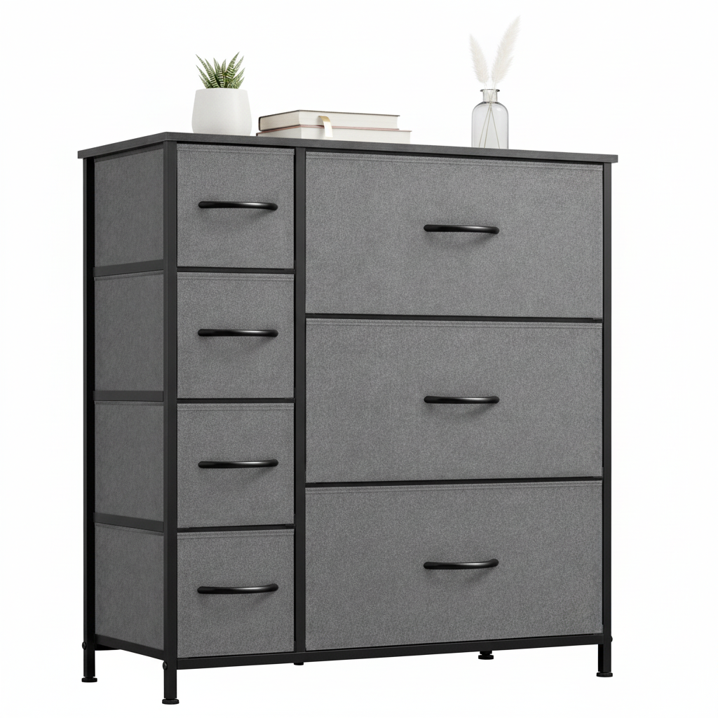 ACCVER 7-Drawer Fabric Dresser with Wood Top & Metal Frame, Closet and Chest for Bedroom, Clothes Storage Organizer, for Living Room, Apartment,Black