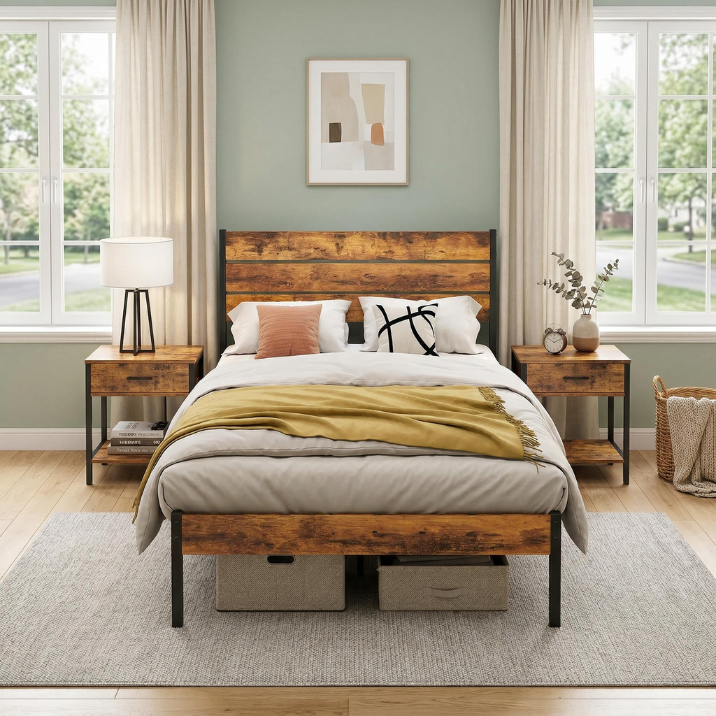 LIFERECORD Twin Size Bed Frame with Headboard, 800LBS Heavy Duty Metal Support, 12.8" Under Bed Storage, No Box Spring Needed, Easy Assembly, Noise Free, Rust Brown