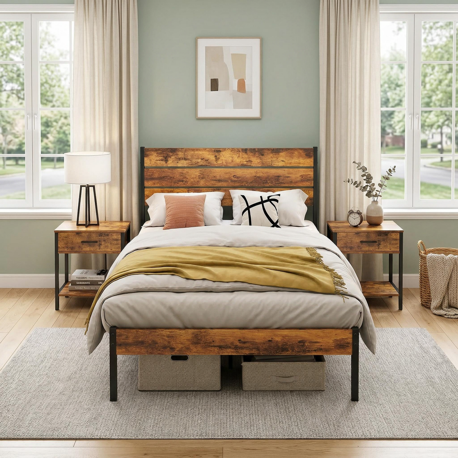 LIFERECORD Twin Size Bed Frame with Headboard, 800LBS Heavy Duty Metal Support, 12.8" Under Bed Storage, No Box Spring Needed, Easy Assembly, Noise Free, Rust Brown