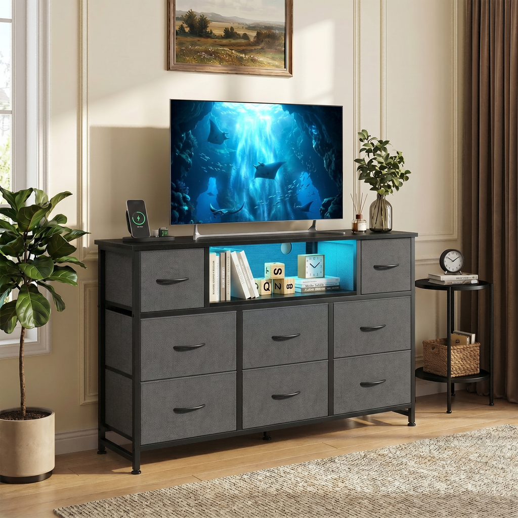 LIFERECORD Dresser TV Stand for 45-55 Inch, Chest of Drawers with LED Lights & USB Ports, Entertainment Center with Charging Station, Wood Top Media Console for Bedroom