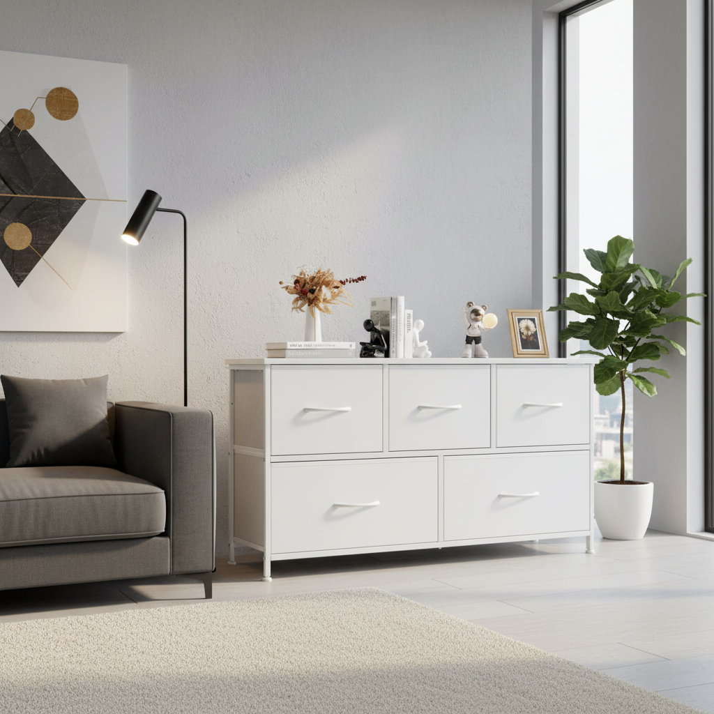 ACCVER 5-Drawer Fabric Dresser for Bedroom, Wood Top TV Stand, Closet and Chest, Clothes Storage Organizer, for Living Room, Apartment, White