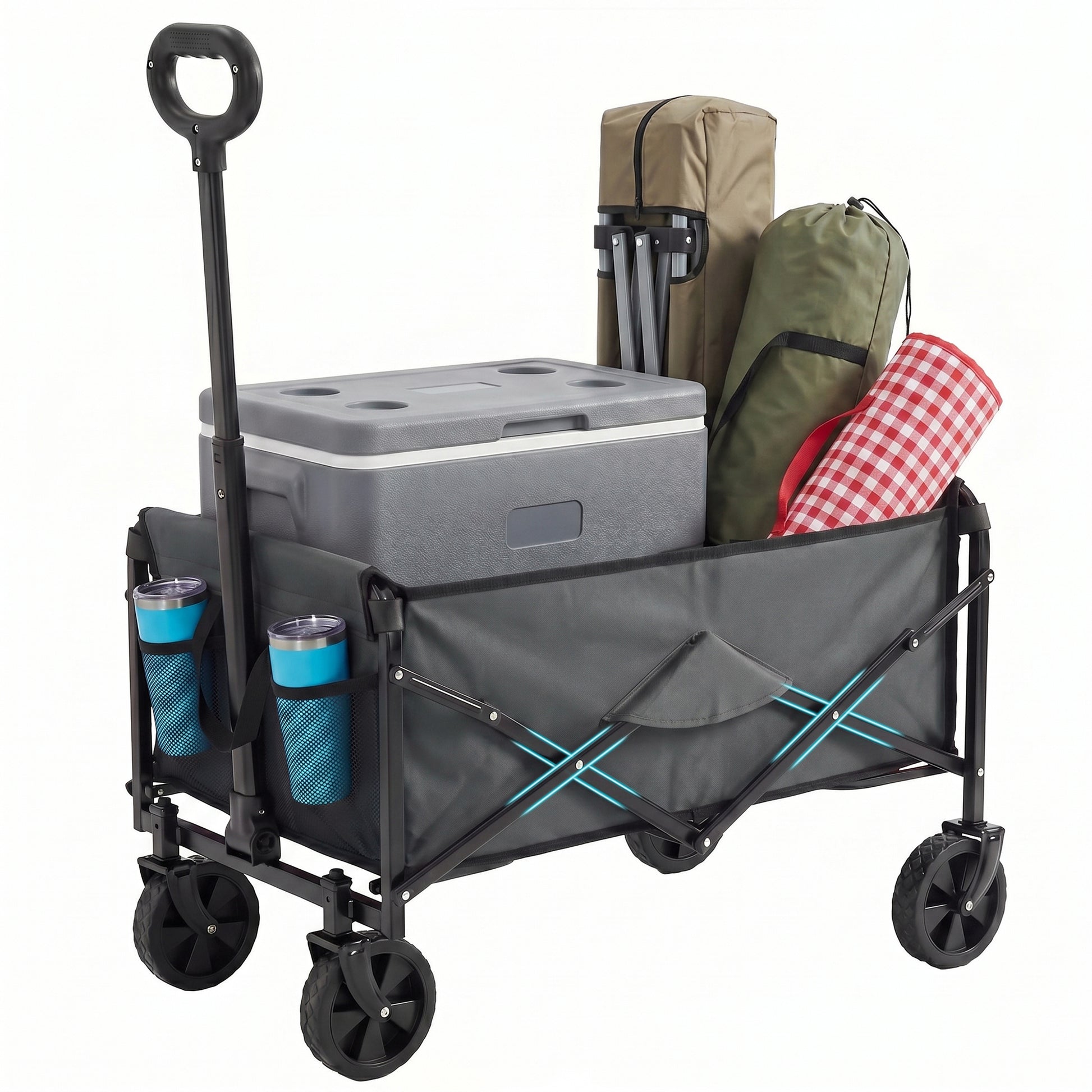 ACCVER Heavy Duty Collapsible Wagon Cart - 220LBS Capacity Folding Utility Cart w/ All-Terrain Wheels, Drink Holders for Camping, Beach, Grocery, Sports (Foldable & Portable), Grey