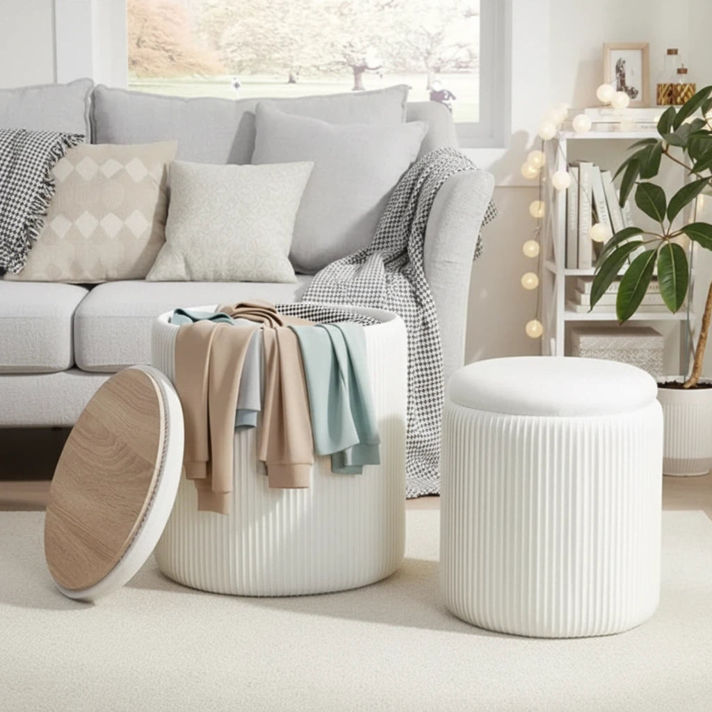 LIFERECORD Round Ottoman with Storage Set of 2, Vanity Stool with Storage for Bedroom, Ottoman Coffee Table,Small Velvet Foot Stool for Living Room, White