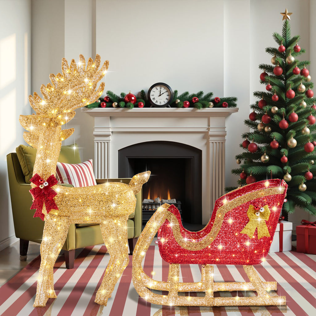 LIFERECORD 4 FT Christmas Lighted Reindeer & Santa's Sleigh, Indoor/Outdoor Xmas Pre-Lit Yard Decoration with 180 LED Lights, Stakes & Zip Ties, Festive Holiday Decoration for Lawn & Garden, Gold