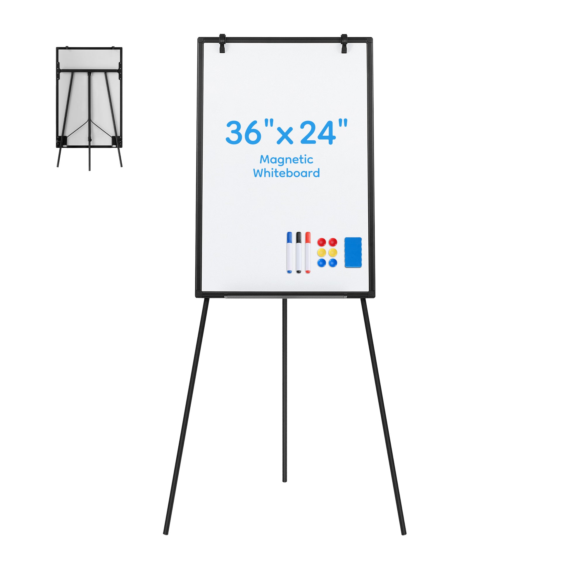 ROSVOVO 36x24 Inch Magnetic Whiteboard Easel with Tripod Stand - Height Adjustable Portable Dry Erase Board Kit for Classroom, Office & Home, Black