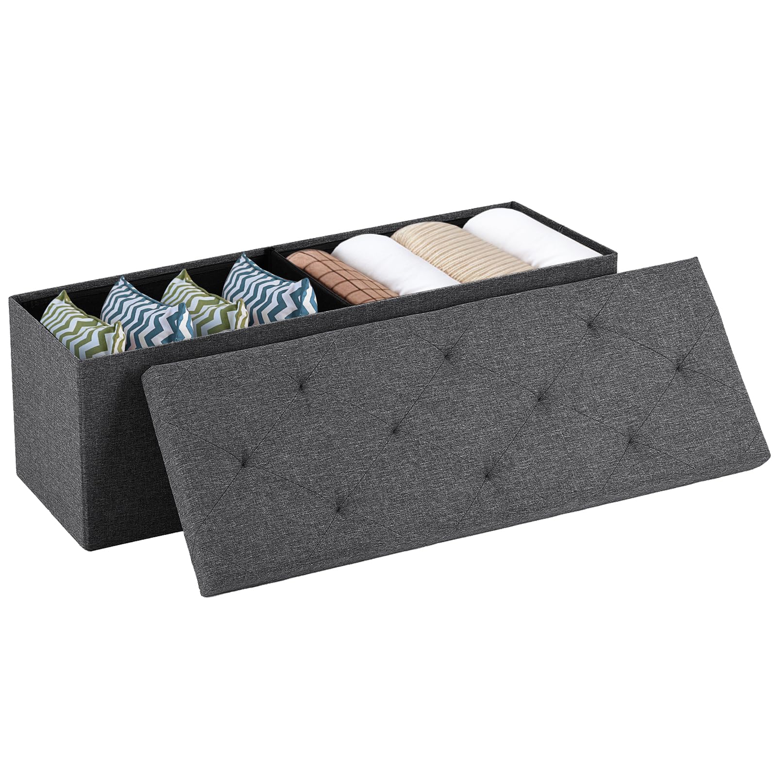 ACCVER 43 Inches Foldable Storage Ottoman Bench - 660lbs Large Padded Seat Foot Rest w/ 154L Storage Chest, for Bedroom, Living Room & Entryway, Linen Grey