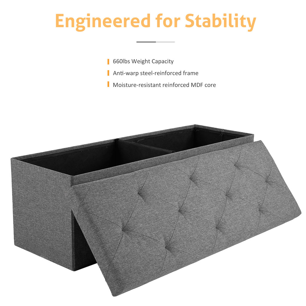 ACCVER 43" Storage Ottoman Bench - Foldable Ottoman Upholstered Entryway Bench, 660lbs Large End of Bed Bench with Storage Chest for Bedroom, Living Room, Grey