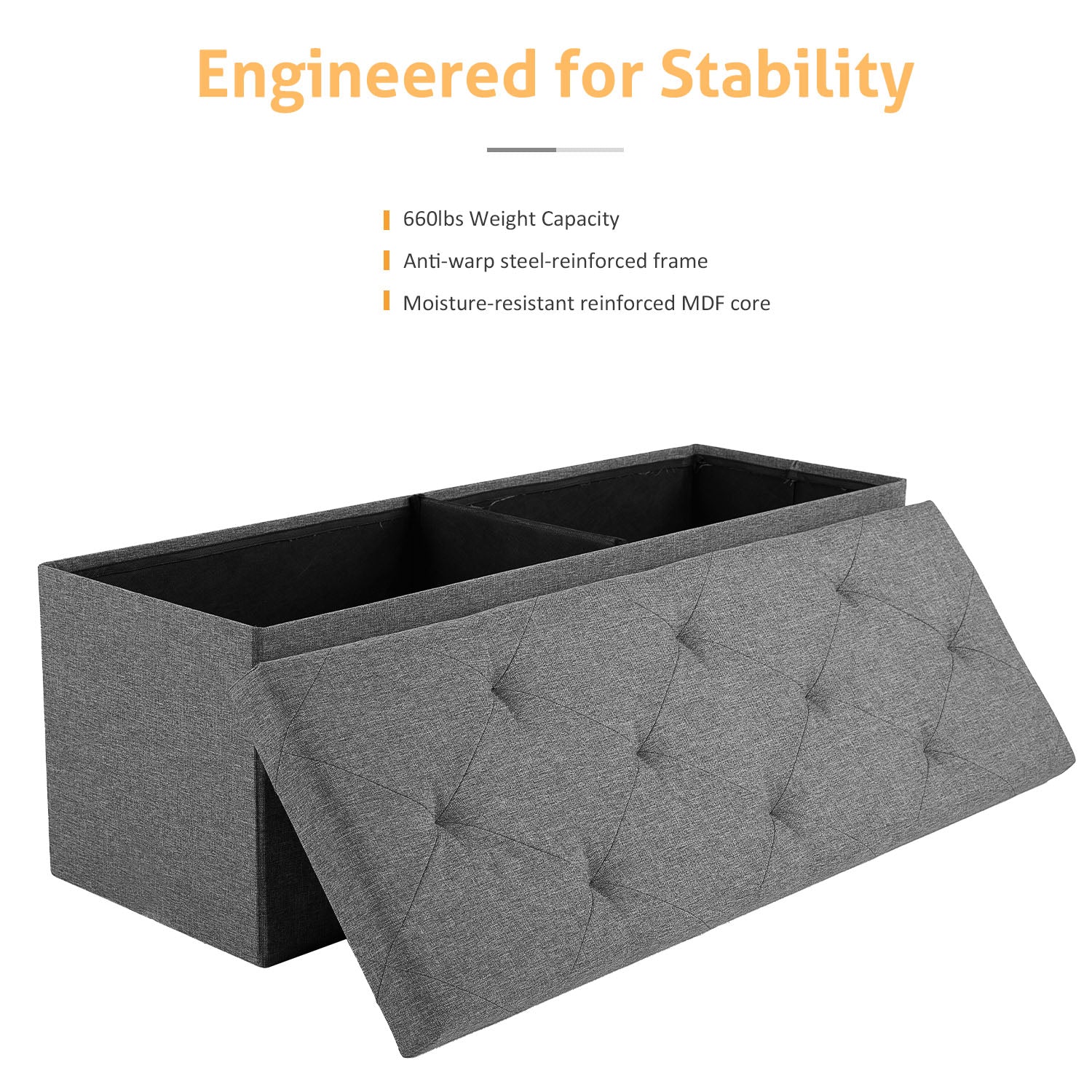 ACCVER 43" Storage Ottoman Bench - Foldable Ottoman Upholstered Entryway Bench, 660lbs Large End of Bed Bench with Storage Chest for Bedroom, Living Room, Grey