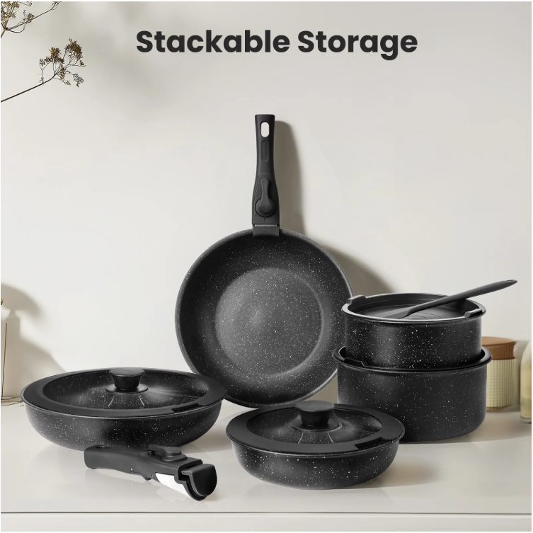 LIFERECORD 12-Piece Nonstick Pots and Pans Set, Granite Coating Cookware Set with Detachable Handle, Induction Compatible, Oven & Dishwasher Safe, Includes Frying Pans, Saucepan & Utensils Black