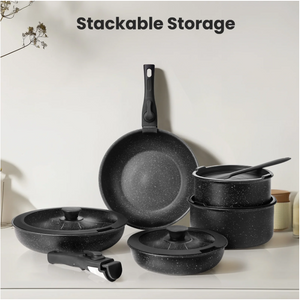 LIFERECORD 12-Piece Nonstick Pots and Pans Set, Granite Coating Cookware Set with Detachable Handle, Induction Compatible, Oven & Dishwasher Safe, Includes Frying Pans, Saucepan & Utensils Black