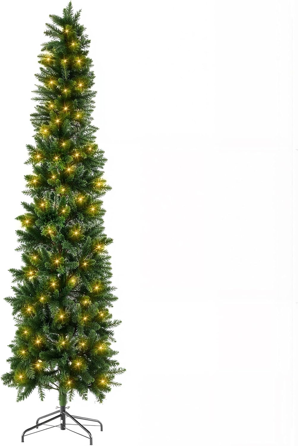 LIFERECORD 9ft Prelit Artificial Hinged Slim Pencil Christmas Tree with 500 Lights, 1100 Full Branch Tips, 8 Warm Lingting Motes Perfect Decoration for Xmas Holiday, Green