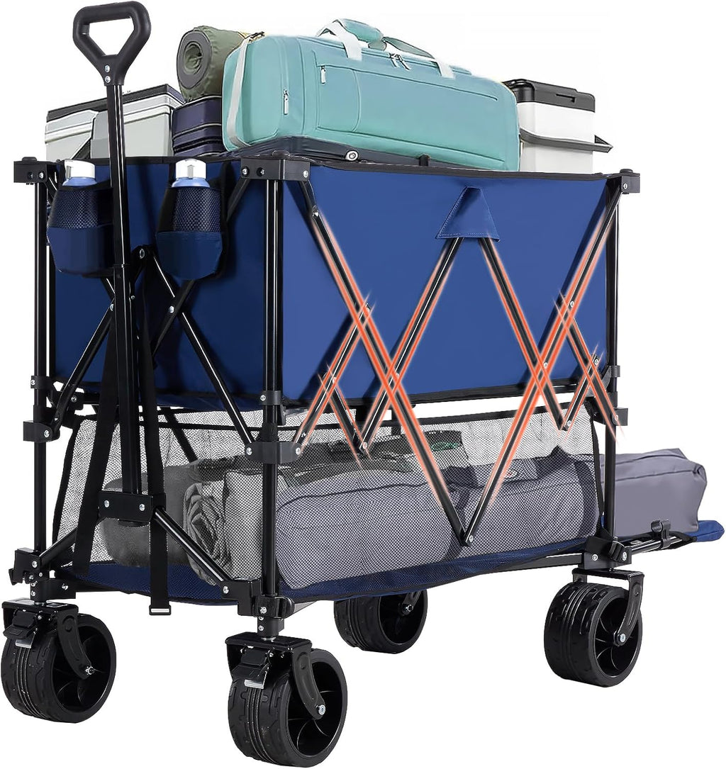 LIFERECORD Heavy-Duty Folding Wagon Cart - 440lb Capacity Foldable Utility Cart with Adjustable Handle & All-Terrain Wheels, Blue