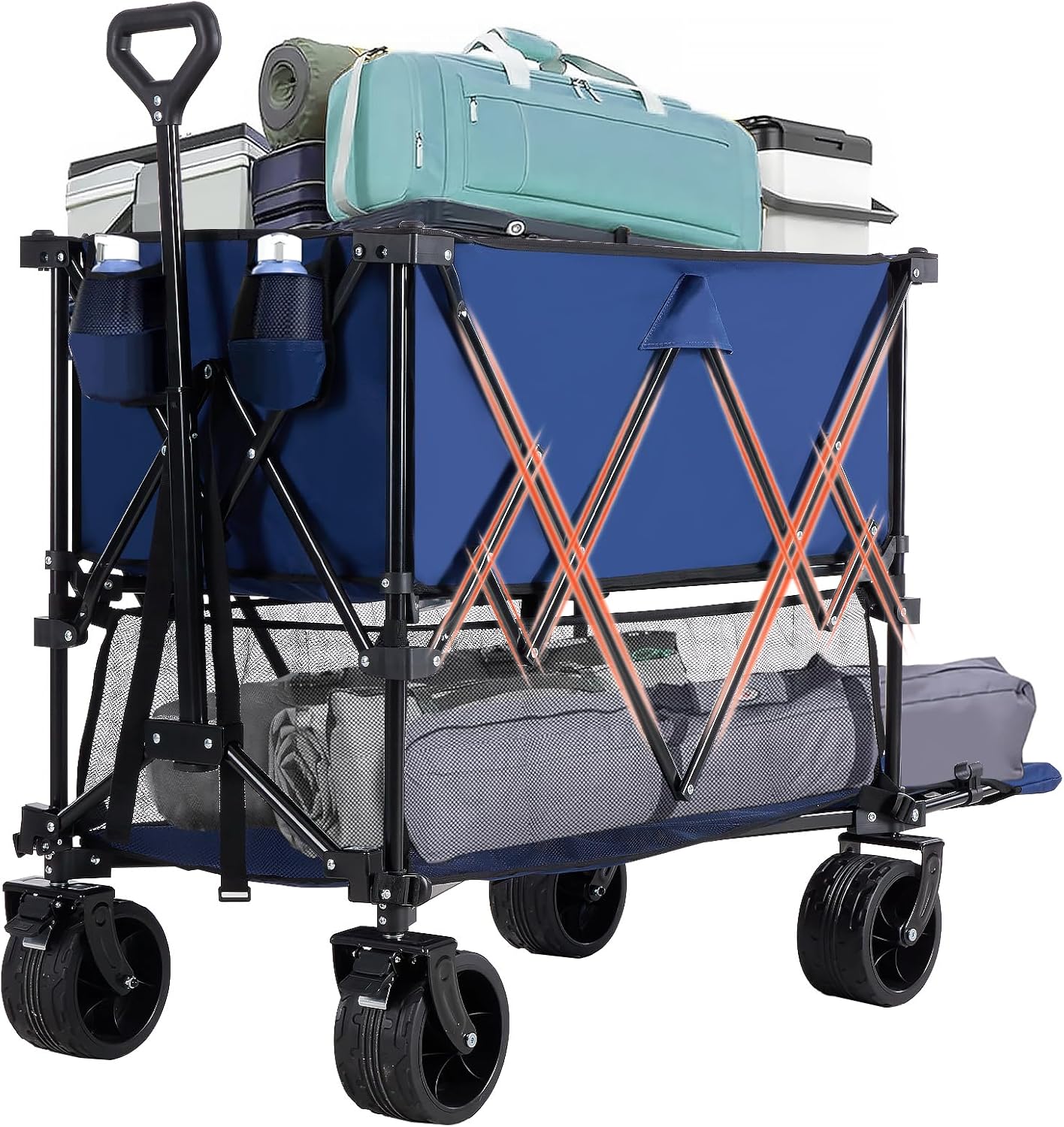 LIFERECORD Heavy-Duty Folding Wagon Cart - 440lb Capacity Foldable Utility Cart with Adjustable Handle & All-Terrain Wheels, Blue