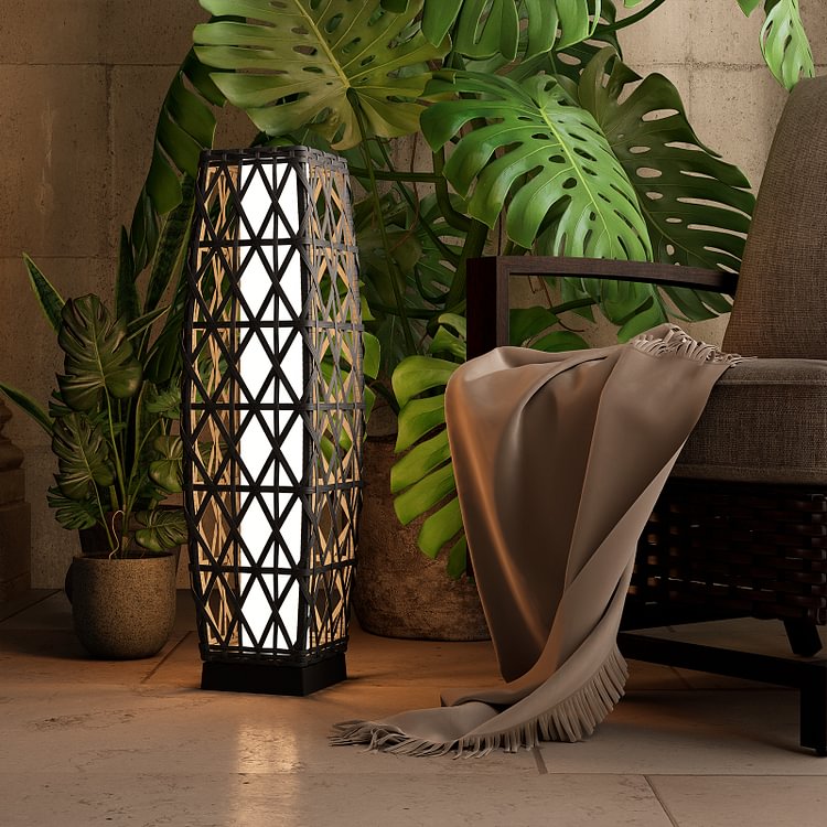 LIFERECORD Solar Powered Outdoor Floor Lamp - Automatic Woven Resin Wicker Garden Lantern, Waterproof Patio Lighting for Porch, Deck and Backyard Landscape Lighting (Large)