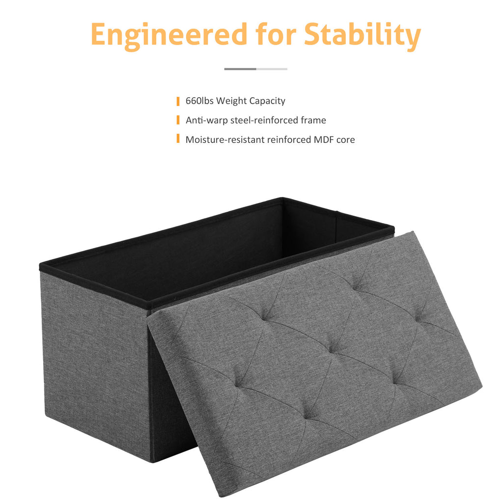 ACCVER 30" Storage Ottoman Bench - Foldable Ottoman Upholstered Entryway Bench, 400lbs Large End of Bed Bench with Storage Chest for Bedroom, Living Room, Grey