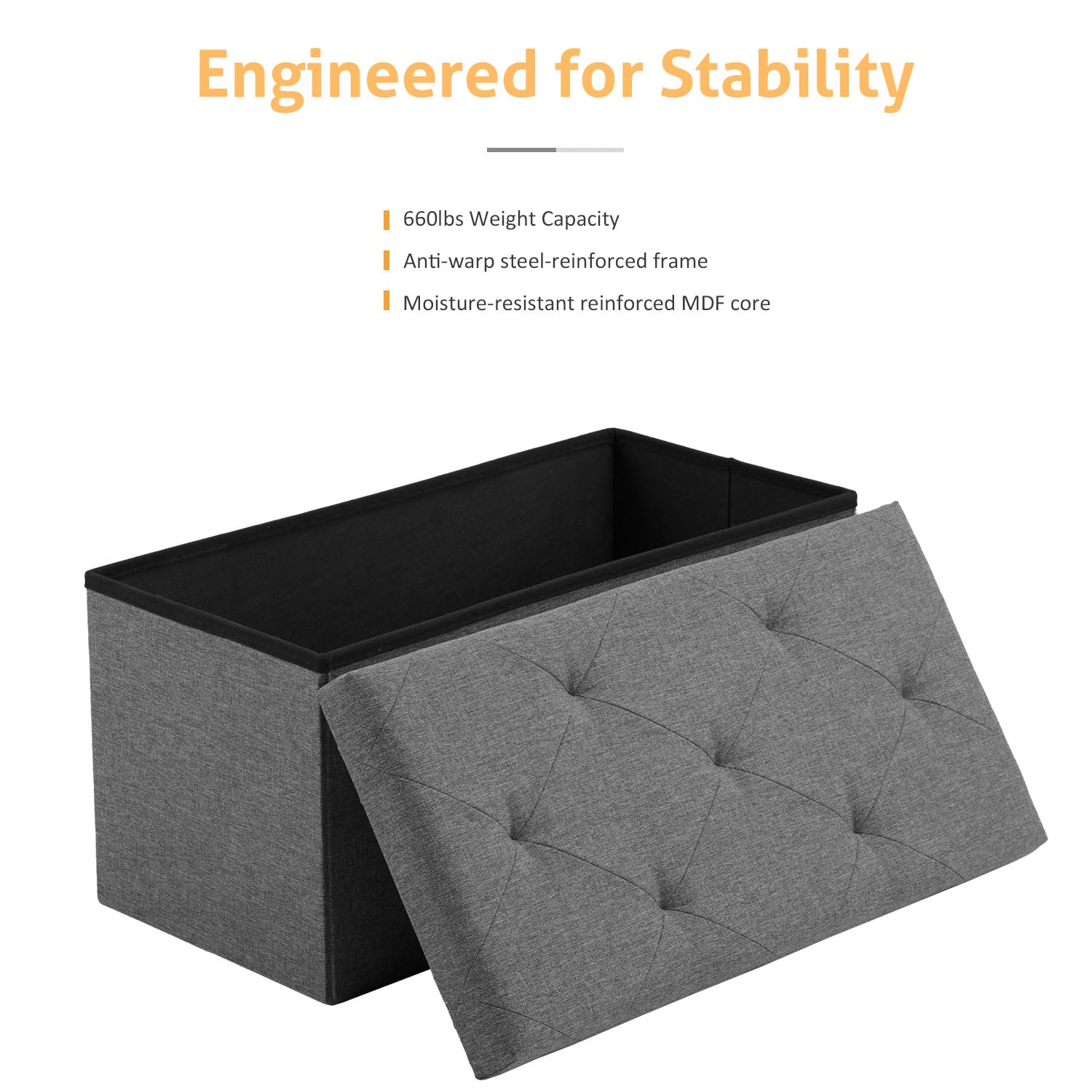 ACCVER 30" Storage Ottoman Bench - Foldable Ottoman Upholstered Entryway Bench, 400lbs Large End of Bed Bench with Storage Chest for Bedroom, Living Room, Grey