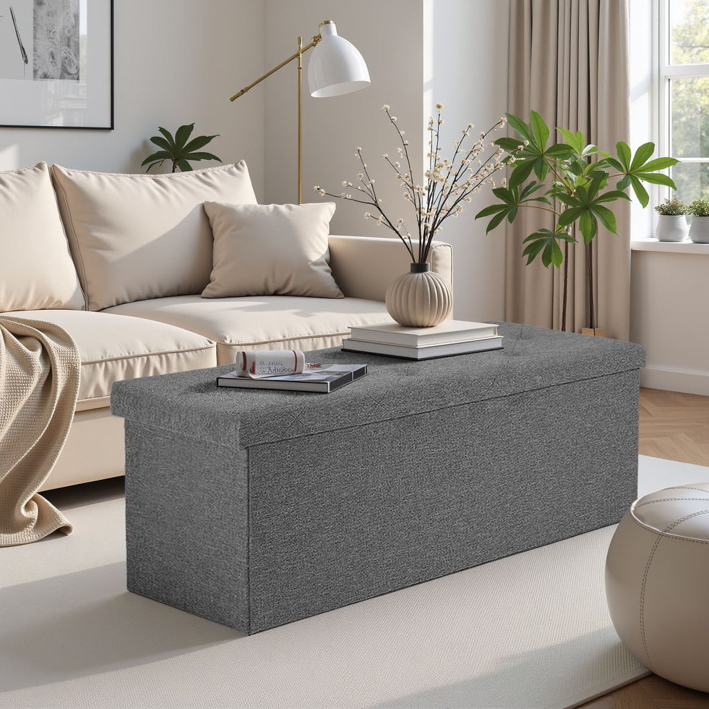 ACCVER 43" Storage Ottoman Bench - Foldable Ottoman Upholstered Entryway Bench, 660lbs Large End of Bed Bench with Storage Chest for Bedroom, Living Room, Grey