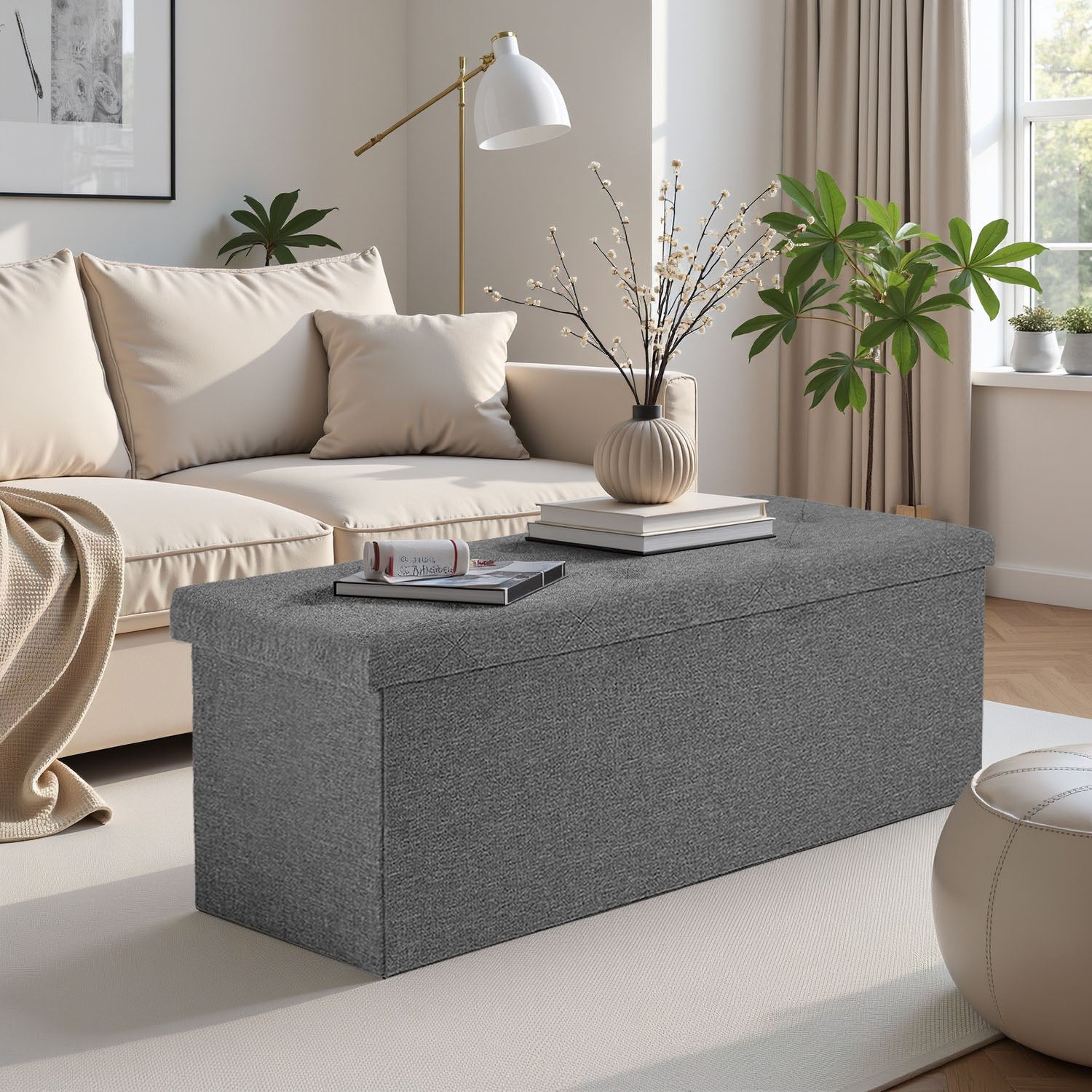 ACCVER 43" Storage Ottoman Bench - Foldable Ottoman Upholstered Entryway Bench, 660lbs Large End of Bed Bench with Storage Chest for Bedroom, Living Room, Grey
