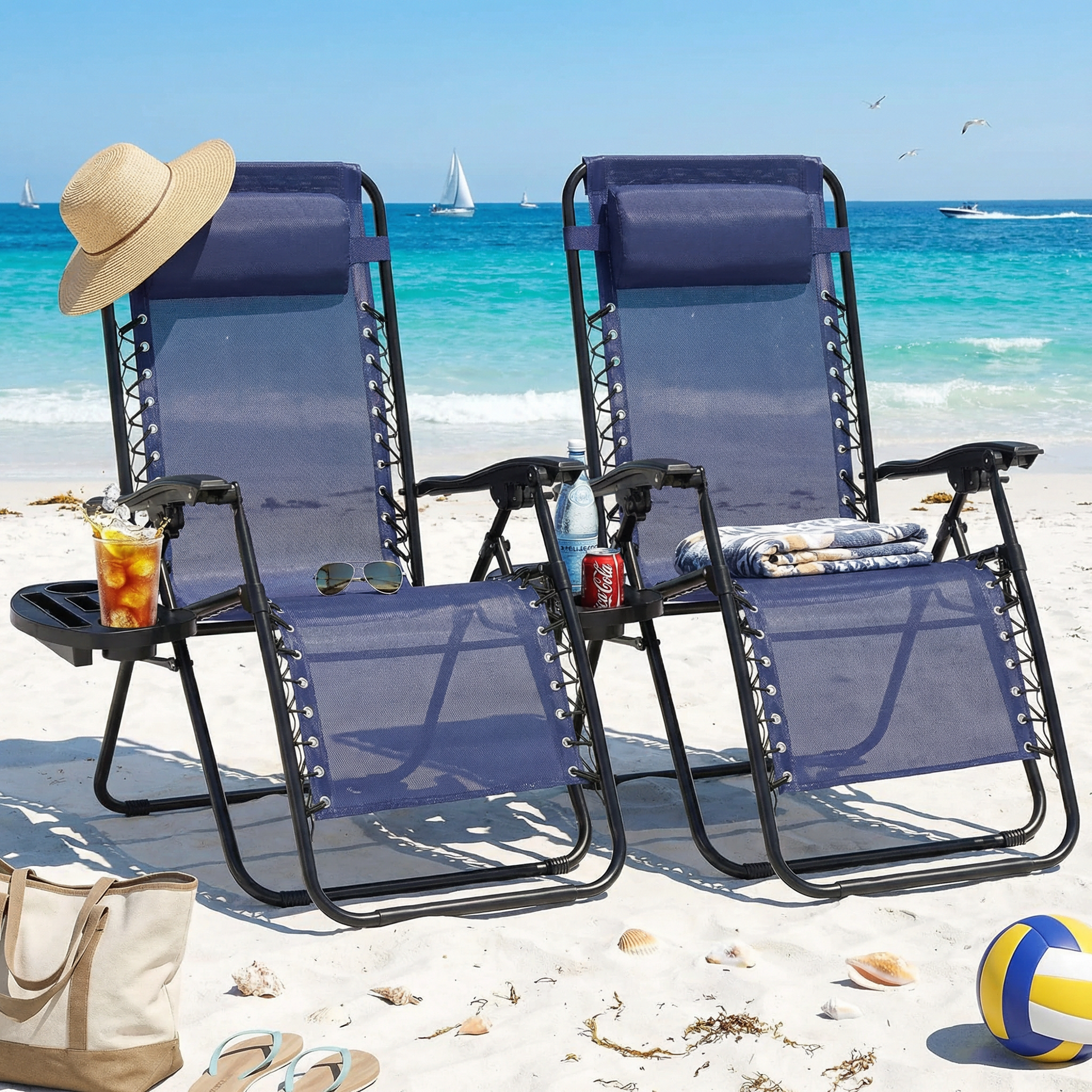 Set of 2 Zero Gravity Chairs with Cup Holder Trays, Portable Recliner Beach Camping Patio Outdoor Folding Lounge Chairs with Adjustable Pillow, Blue