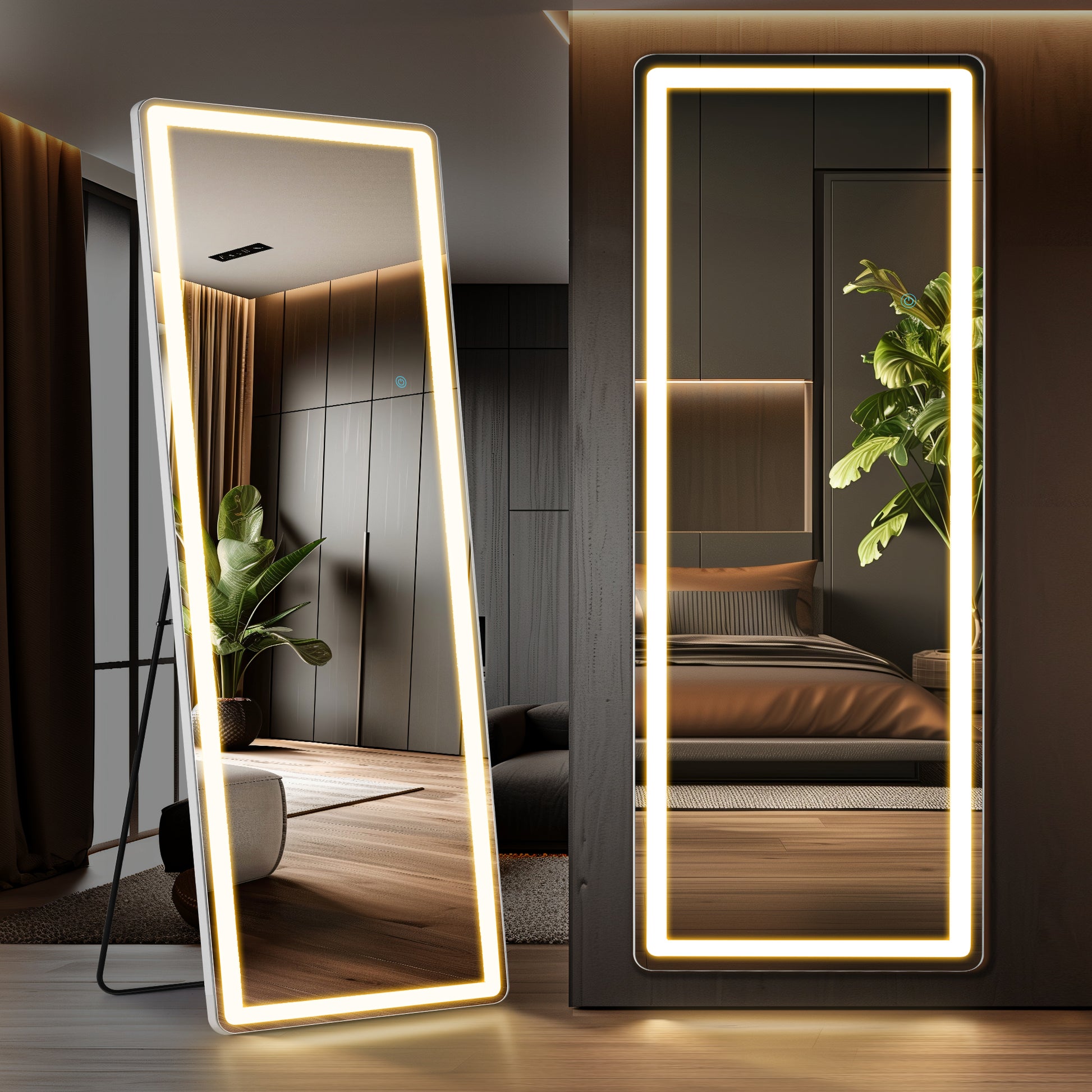 LIFERECORD 60"x16" Full Length Mirror with LED Lights, 3 Color Lighting Floor Standing Mirror with Dimming, Standing and Wall Mounted Mirror for Bedroom, Living Room, Cloakroom