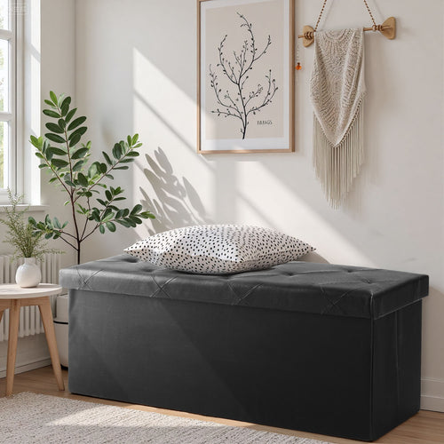 ACCVER 43" Storage Bench - Faux Leather Foldable Ottoman Upholstered Entryway Bench, 660lbs Large End of Bed Bench with Storage Chest for Bedroom, Living Room, Black