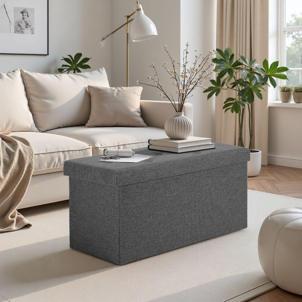 ACCVER 30" Storage Ottoman Bench - Foldable Ottoman Upholstered Entryway Bench, 400lbs Large End of Bed Bench with Storage Chest for Bedroom, Living Room, Grey