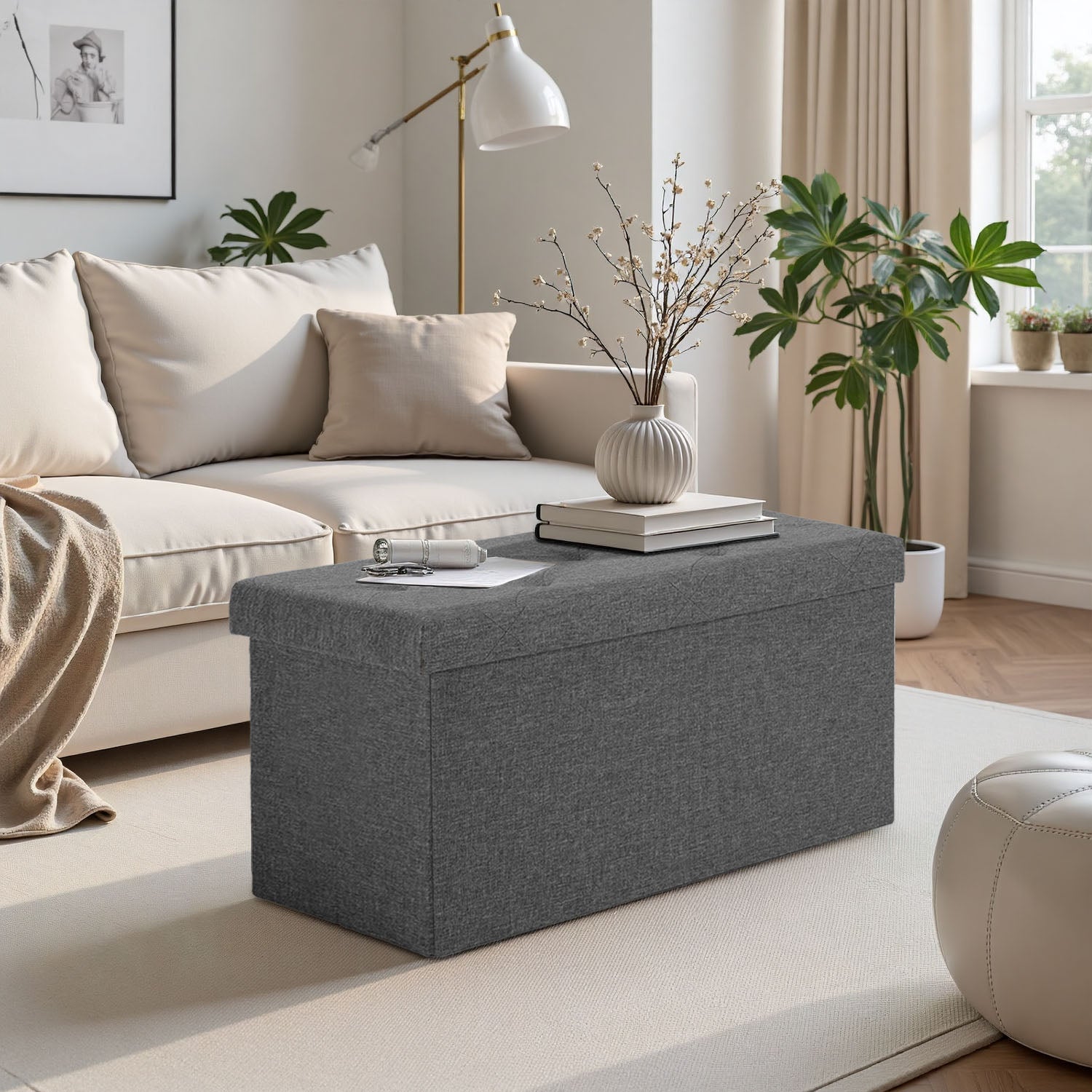 ACCVER 30" Storage Ottoman Bench - Foldable Ottoman Upholstered Entryway Bench, 400lbs Large End of Bed Bench with Storage Chest for Bedroom, Living Room, Grey