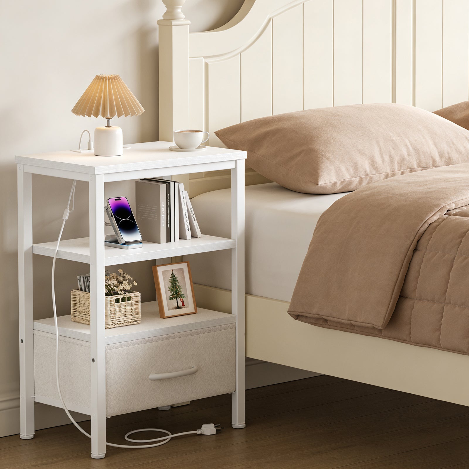 LIFERECORD Night Stand with Fabric Drawer, Nightstand with Charging Station, End Tables with Storage Shelf for Small Spaces, Bedside Table Side Tables for Bedroom, White