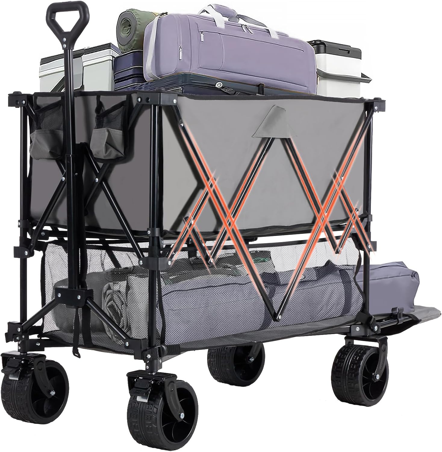 LIFERECORD Heavy-Duty Folding Wagon Cart - 440lb Capacity Foldable Utility Cart with Adjustable Handle & All-Terrain Wheels, Gray