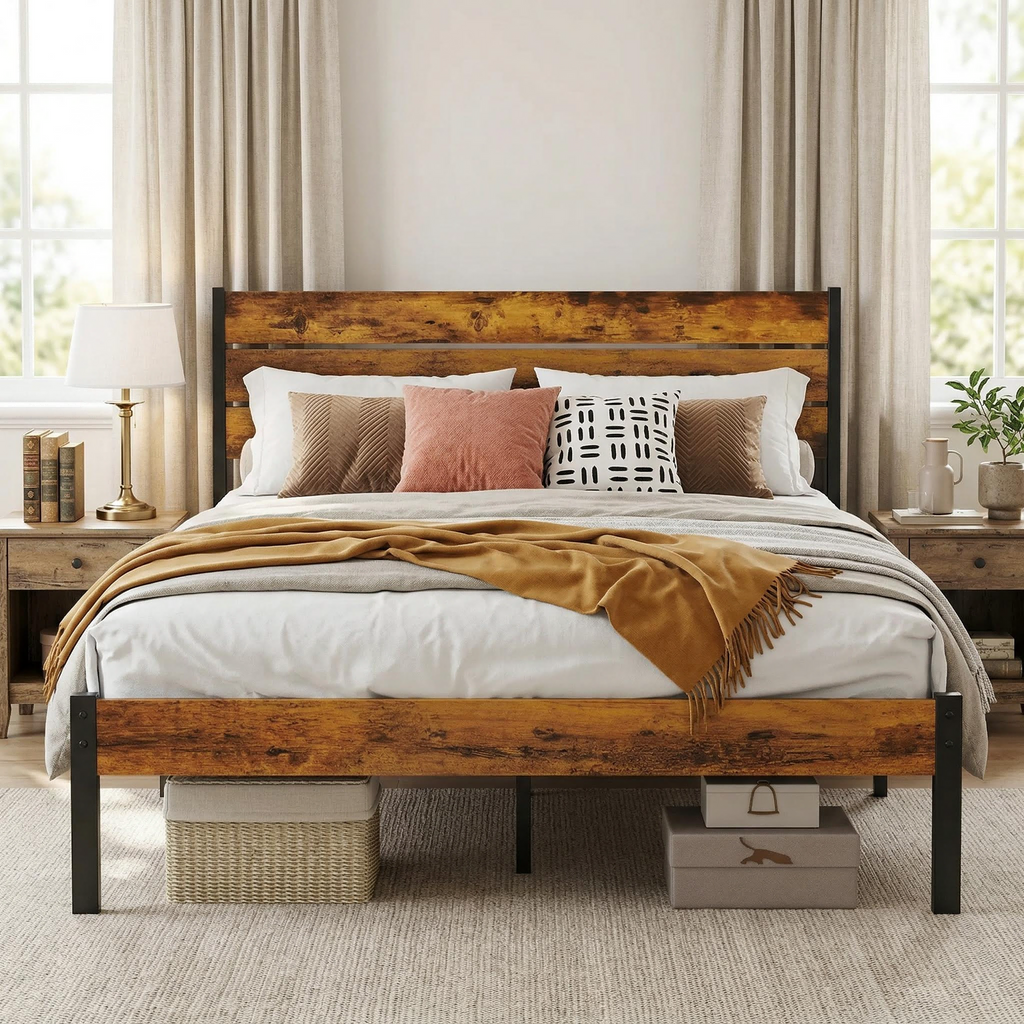 LIFERECORD Full Size Bed Frame with Headboard, 800LBS Heavy Duty Metal Support, 12.8" Under Bed Storage, No Box Spring Needed, Easy Assembly, Noise Free, Rust Brown