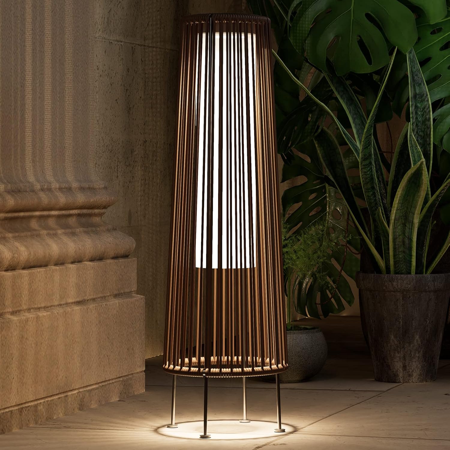 ACCVER Outdoor Floor Lamp 2-Pack, All-Weather Wicker Outdoor Solar Floor Lights, Waterproof, Light Brown