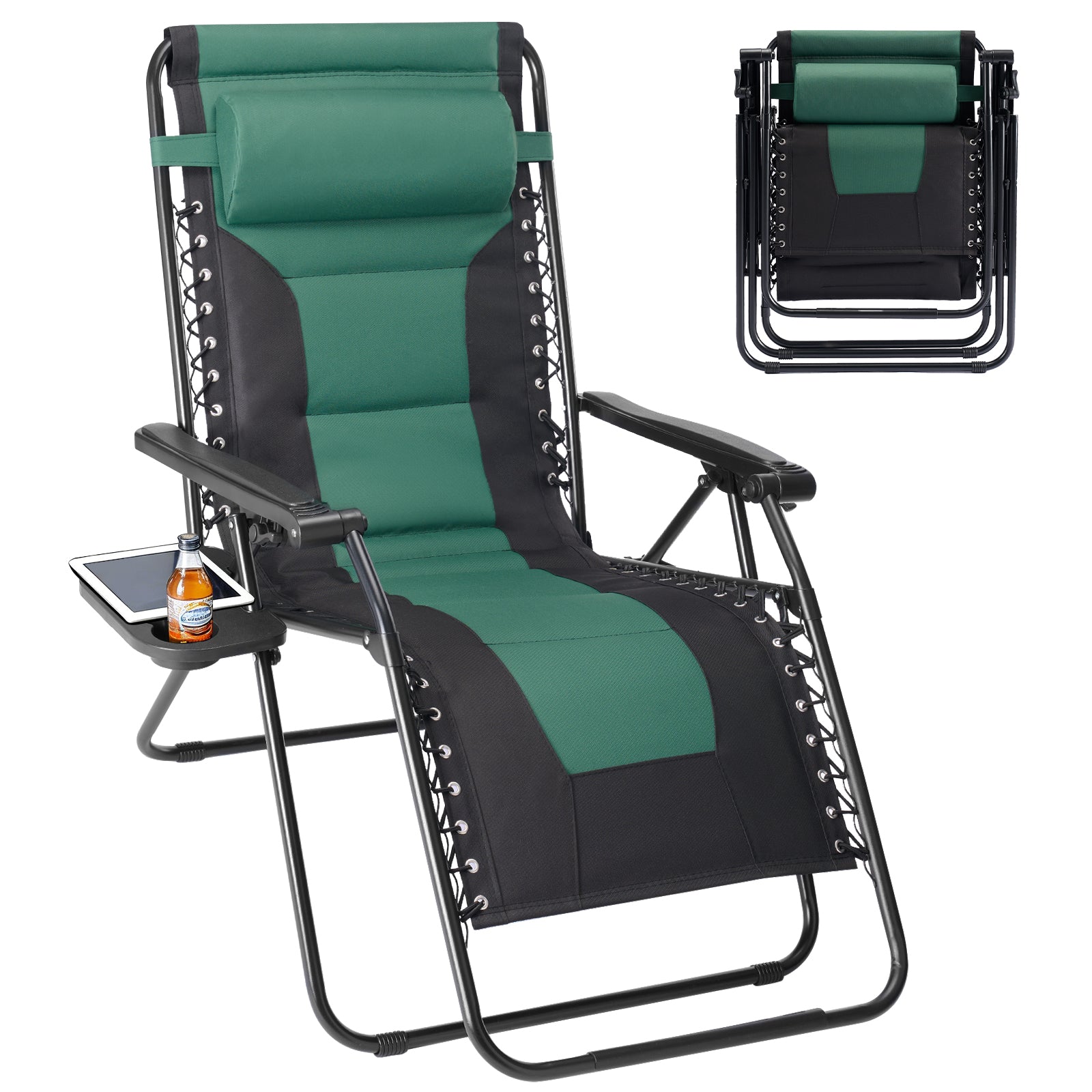 LIFERECORD Zero Gravity Chair, Patio Folding Recliner with Headrest Portable Reclining Chairs with Cup Holder Trays for Outdoor, Black & Green
