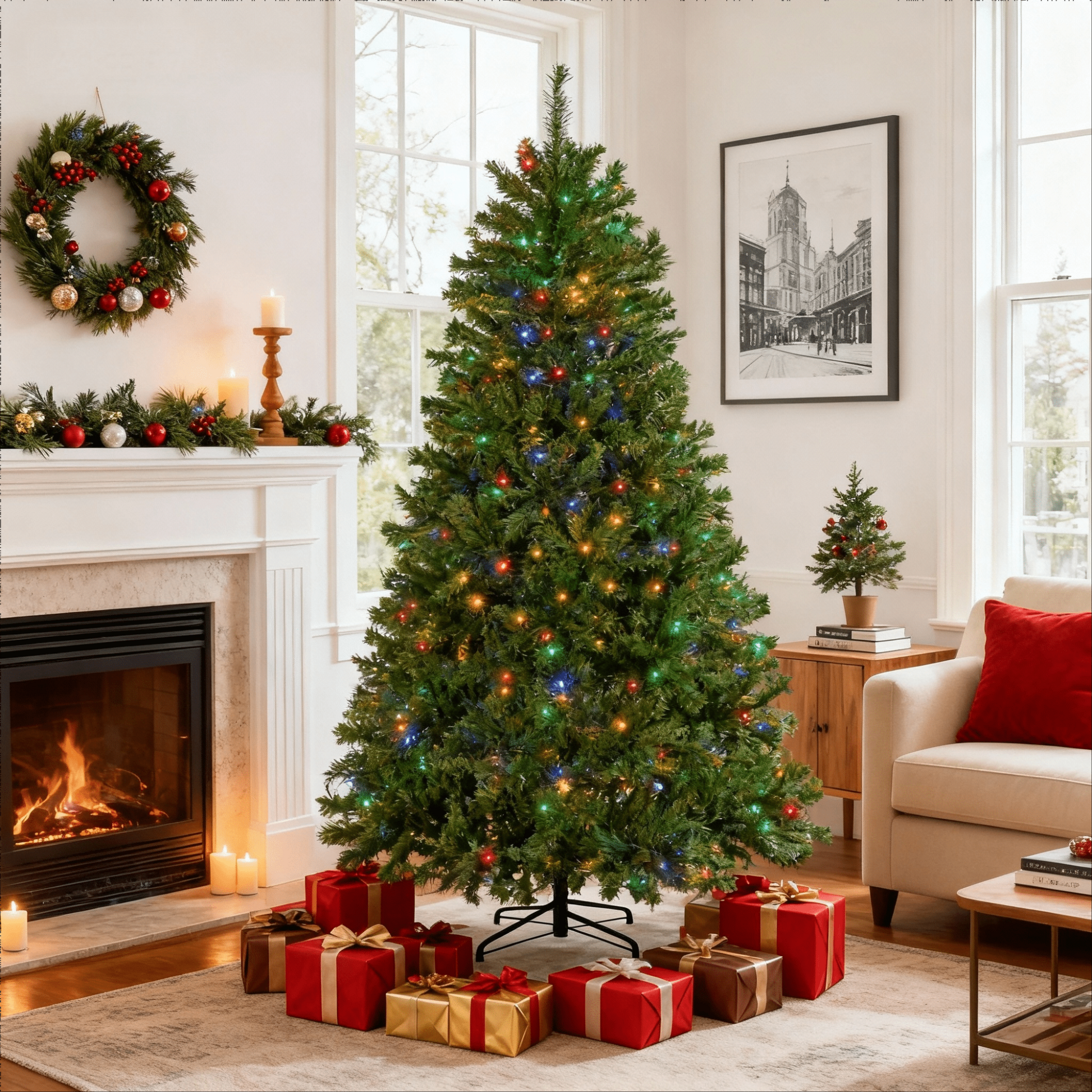 LIFERECORD 7.5ft Pre-lit Artificial Christmas Tree with 450 Color Changing LED Lights, 8 Modes Full Green PVC Xmas Tree with 1000 Branch Tips & Metal Stand for Party Decoration