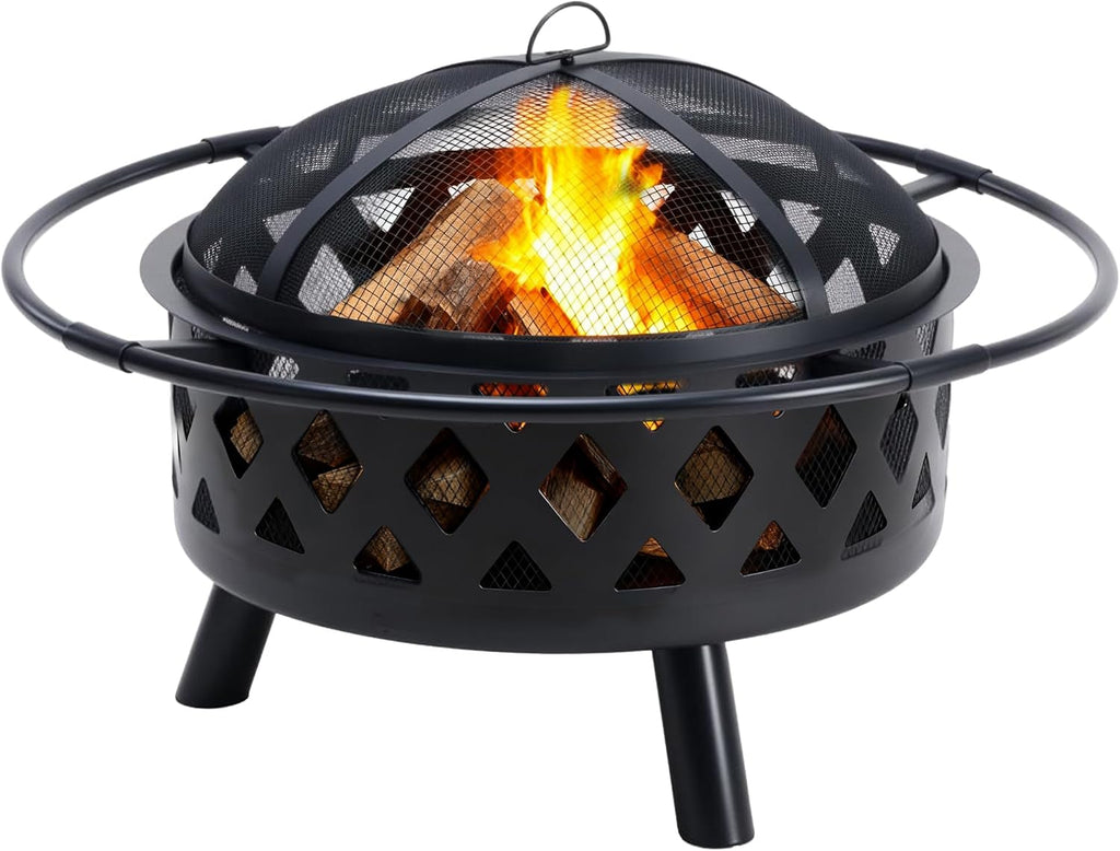 LIFERECORD Circular Steel Fire Pit with Spark Screen - Wood Burning Outdoor Fire Pit with Decorative Cut-Out Design for Patio & Backyard, 36 Inch