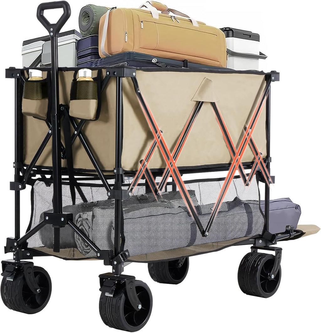 LIFERECORD Heavy-Duty Folding Wagon Cart - 440lb Capacity Foldable Utility Cart with Adjustable Handle & All-Terrain Wheels, Brown
