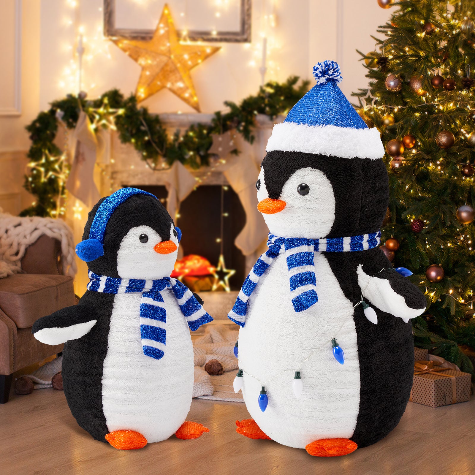 LIFERECORD 2PC Lighted Penguin Family, 3ft Pop-Up Outdoor Christmas Holiday Decoration w/ 150 LED Lights, Multicolored Lights - Blue