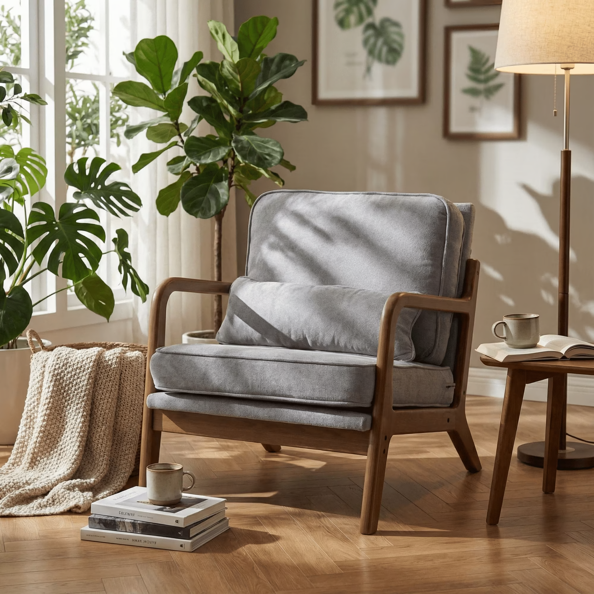 LIFERECORD Mid Century Modern Accent Chair, Reading Chair with Arms and Lumbar Cushion, Comfortable Lounge Chair for Living Room Bedroom, Solid Rubberwood Frame