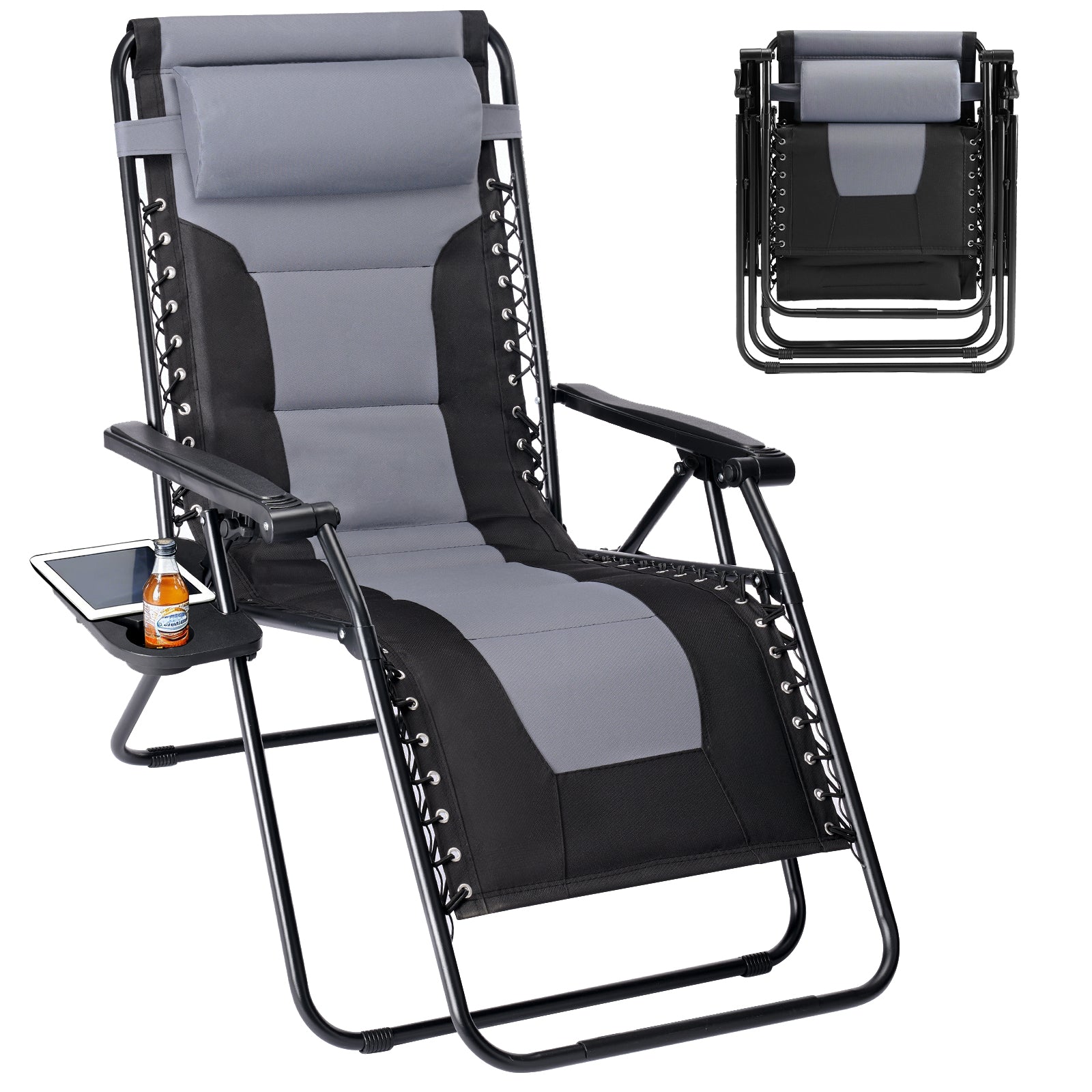 LIFERECORD Zero Gravity Chair, Patio Folding Recliner with Headrest Portable Reclining Chairs with Cup Holder Trays for Outdoor, Black & Grey