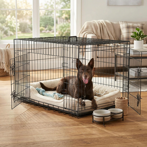 LIFERECORD 42in Extra Large Foldable Metal Dog Crate with Double Doors, Kennel with Divider Panel, Safe for Puppy Training, Home & Travel